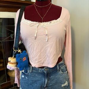 Pink Lace Trim Long Sleeve Top